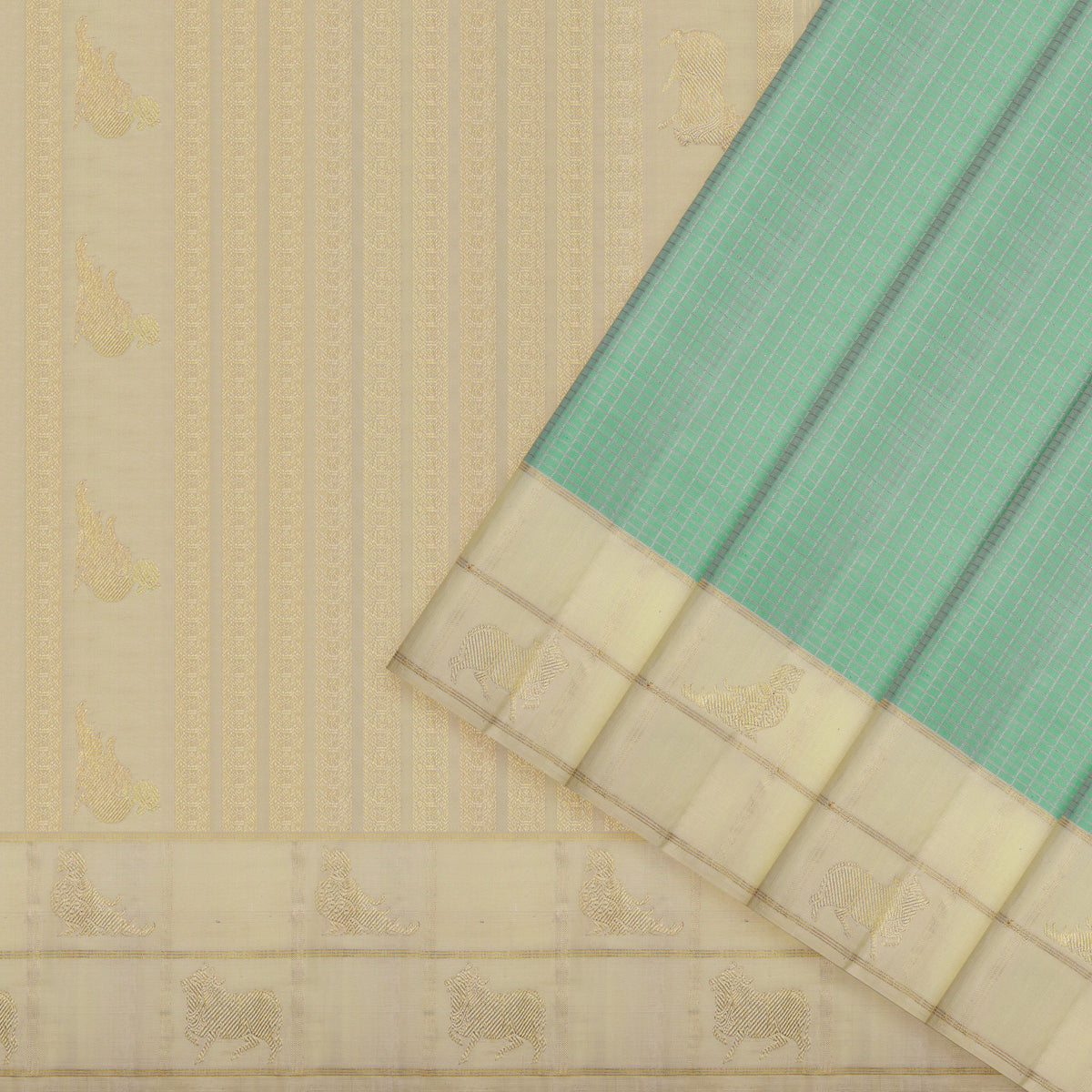 Pastel Mint Green and Ivory Kanchipuram Vintage Silk Saree