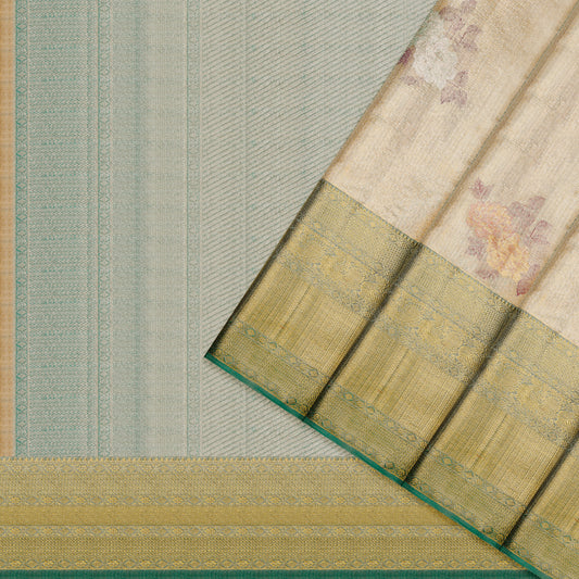 Champagne Gold & Sage Green Floral Kanchipuram Wedding Pure Silk Saree