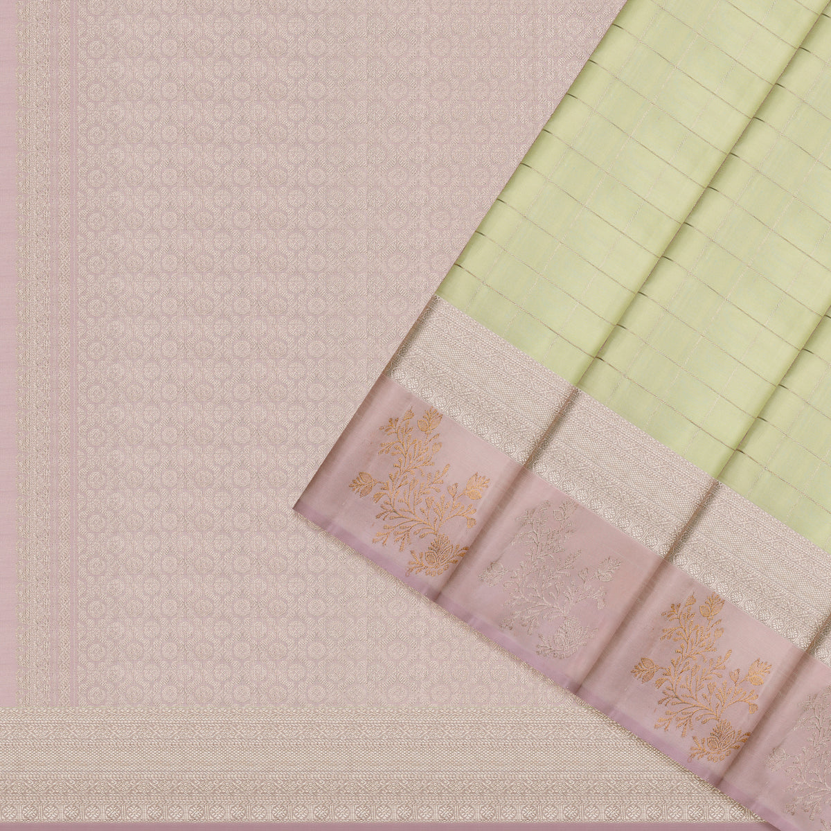 Pastel Green and Dusty Rose Checkered Kanchipuram Silk Saree