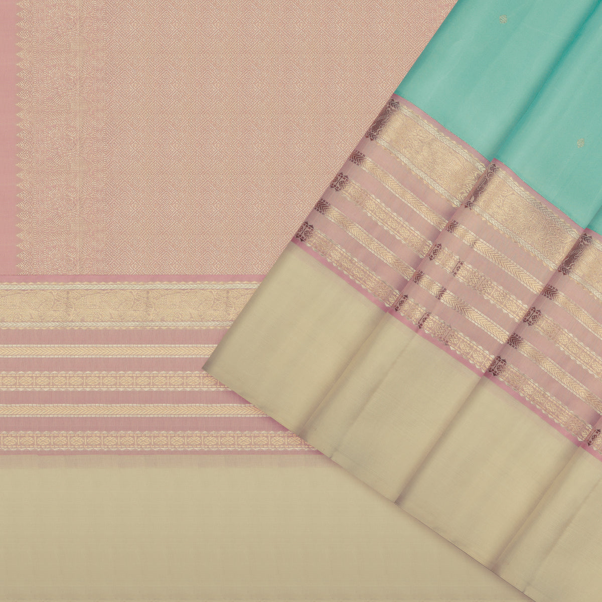 Pastel Aqua Blue and Cream Kanchipuram Vintage Silk Saree