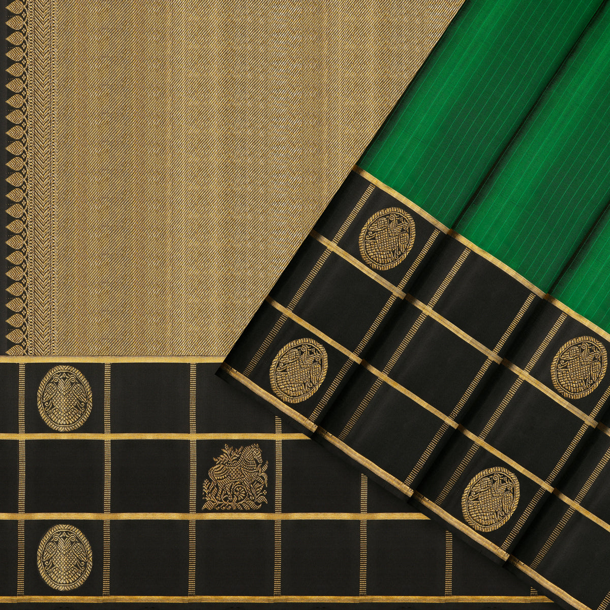 Emerald Green & Black Checked Zari Kanchipuram Vintage Pure Silk Saree