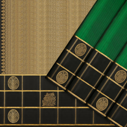 Emerald Green & Black Checked Zari Kanchipuram Vintage Pure Silk Saree
