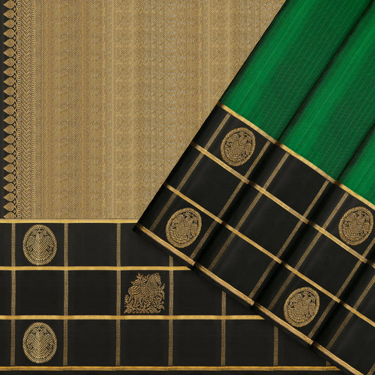 Emerald Green & Black Checked Zari Kanchipuram Vintage Pure Silk Saree