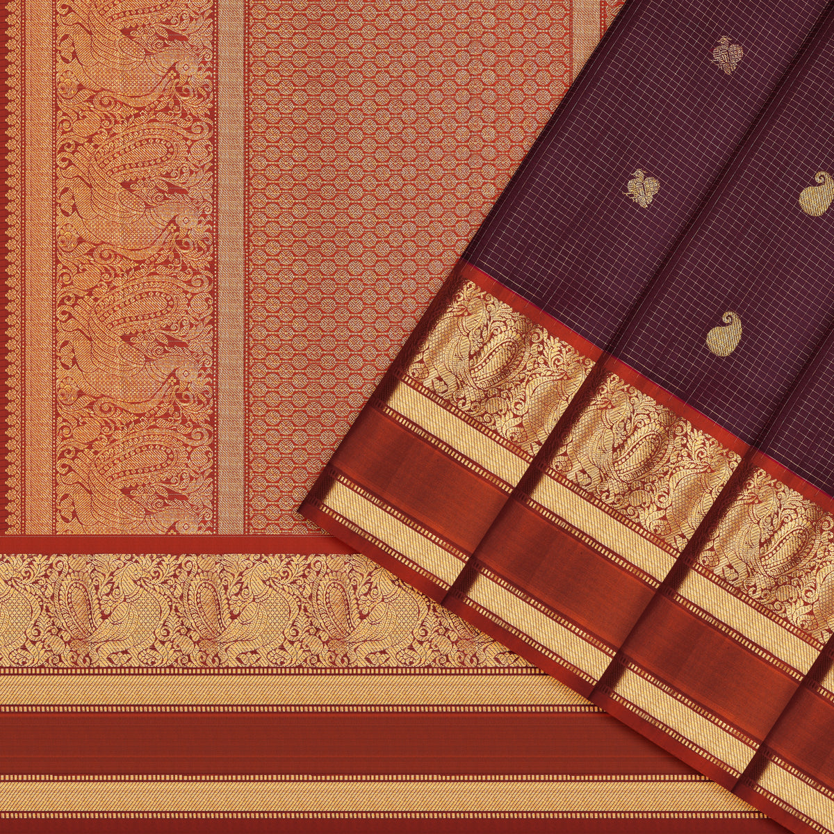 Wine Purple and Rich Red Kattam Kanchipuram Silk Saree