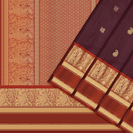 Wine Purple and Rich Red Kattam Kanchipuram Silk Saree