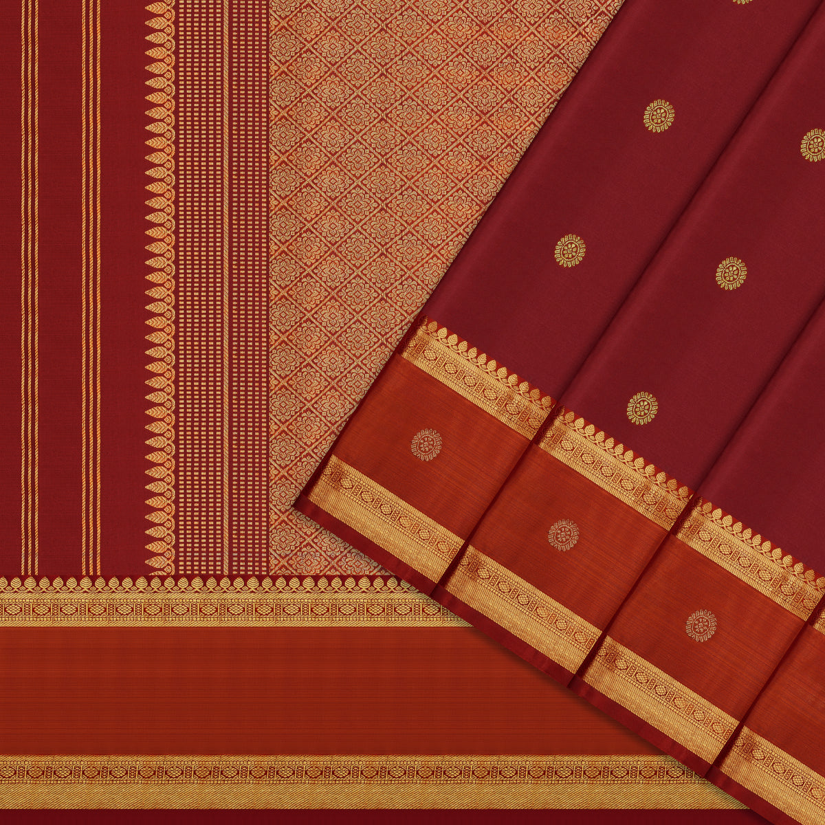 Deep Maroon and Rust Orange Kanchipuram Silk Saree