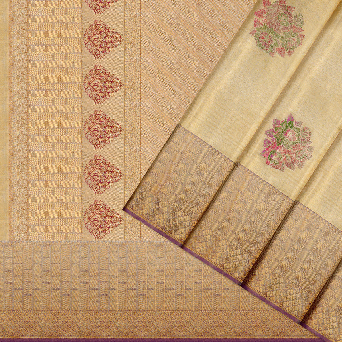 Bridal Gold Tissue Floral Meenakari Kanchipuram Silk Saree