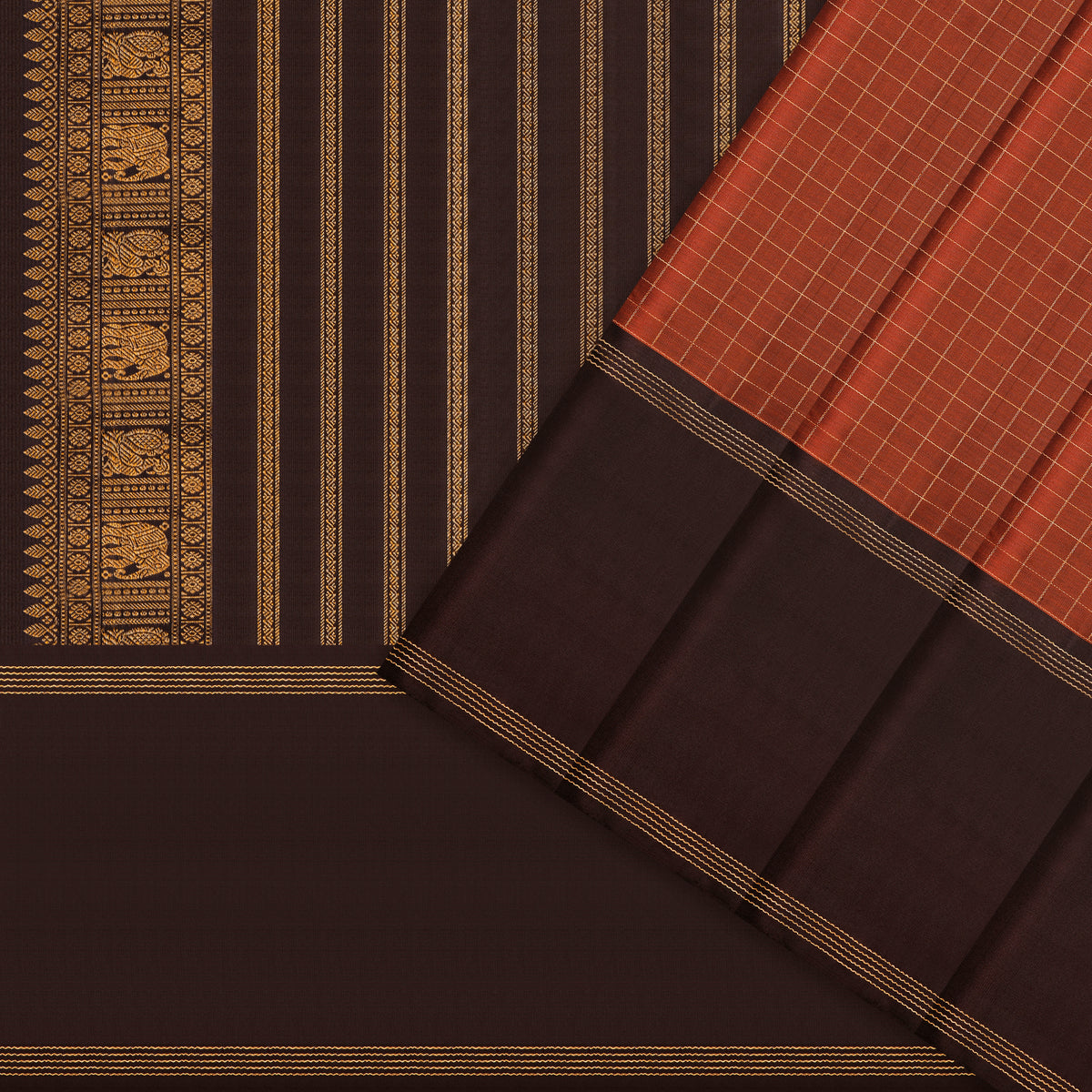Rust Orange Checkered and Deep Brown Kanchipuram Silk Saree