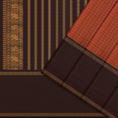Rust Orange Checkered and Deep Brown Kanchipuram Silk Saree