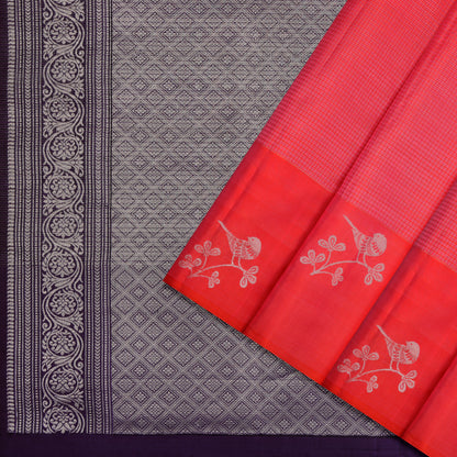 Coral Red & Deep Purple Bird Motif Pure Soft Silk Saree
