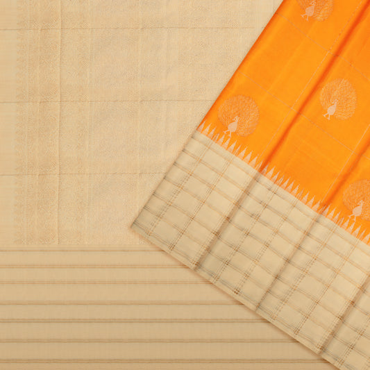 Ivory Cream & Mango Yellow Peacock Zari Kanchipuram Vintage Pure Silk Saree