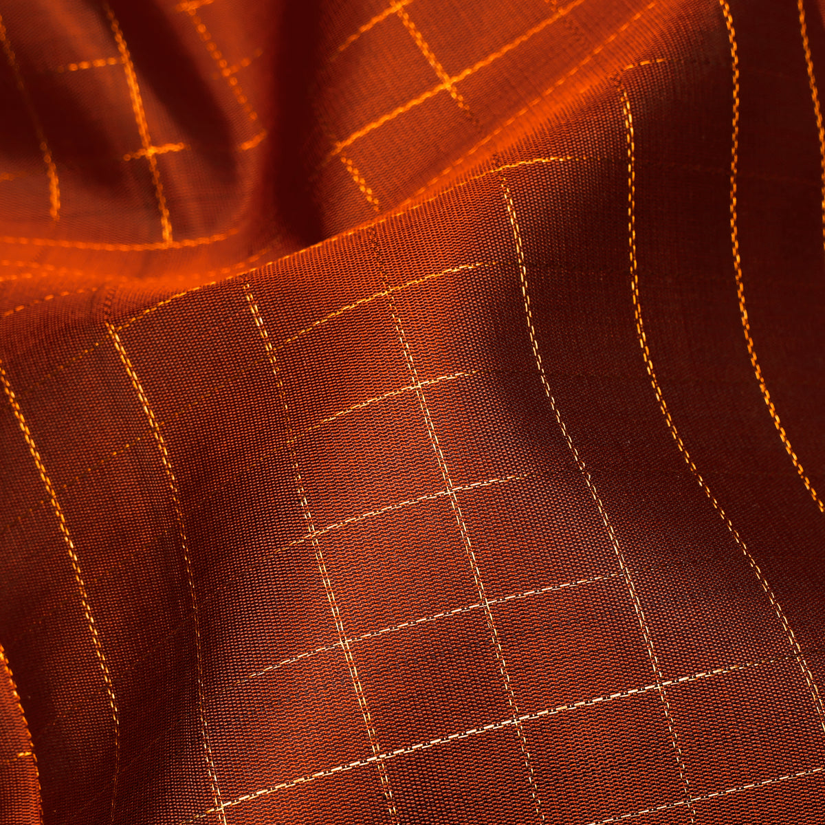 Rust Orange Checkered and Deep Brown Kanchipuram Silk Saree