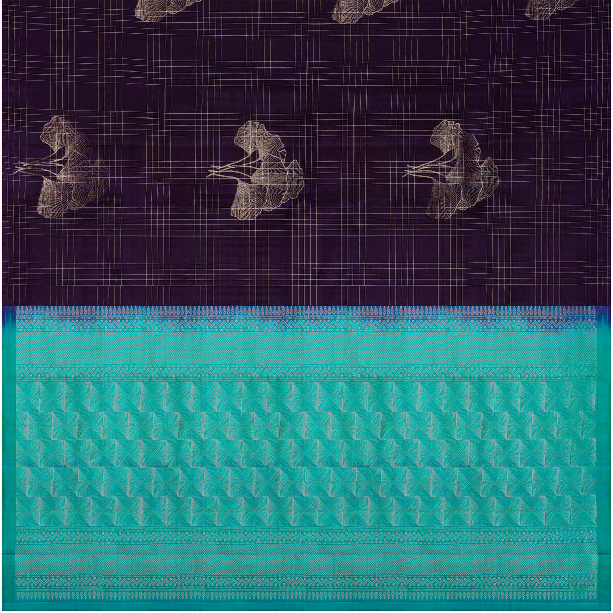 Deep Purple & Aqua Blue Floral Zari Pure Soft Silk Saree