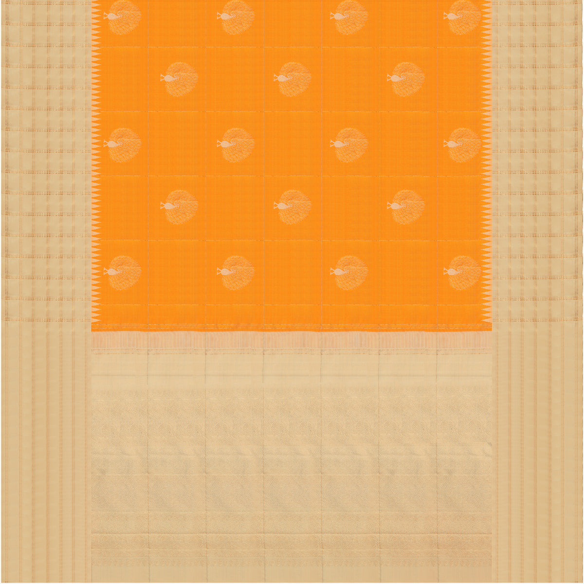 Ivory Cream & Mango Yellow Peacock Zari Kanchipuram Vintage Pure Silk Saree