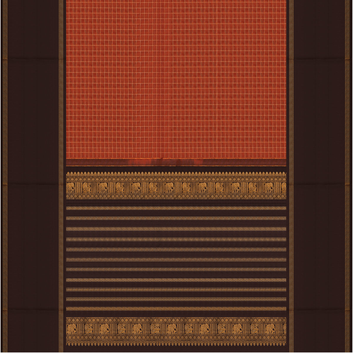 Rust Orange Checkered and Deep Brown Kanchipuram Silk Saree