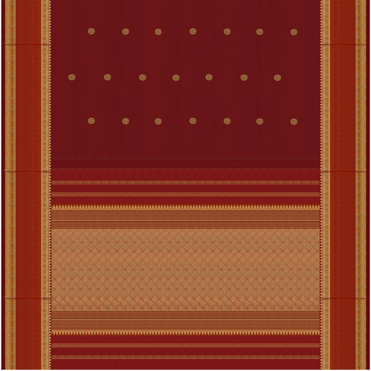 Deep Maroon and Rust Orange Kanchipuram Silk Saree