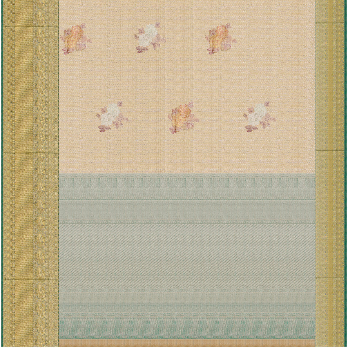 Champagne Gold & Sage Green Floral Kanchipuram Wedding Pure Silk Saree