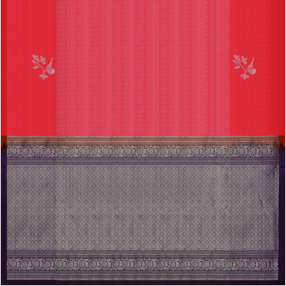 Coral Red & Deep Purple Bird Motif Pure Soft Silk Saree
