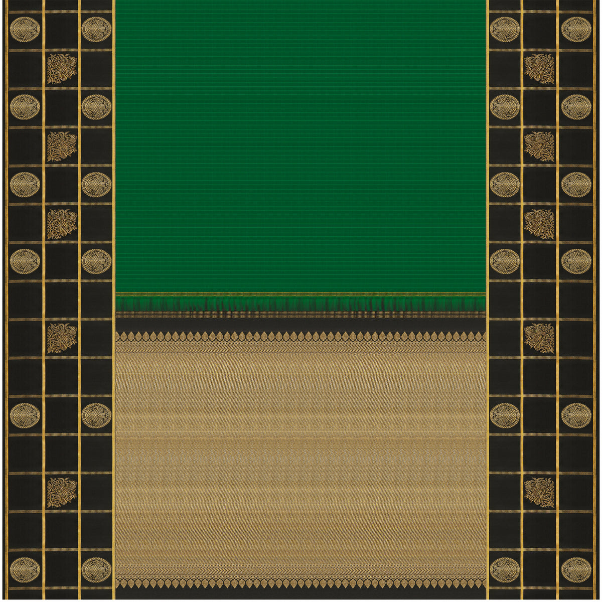 Emerald Green & Black Checked Zari Kanchipuram Vintage Pure Silk Saree