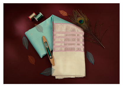Pastel Aqua Blue and Cream Kanchipuram Vintage Silk Saree