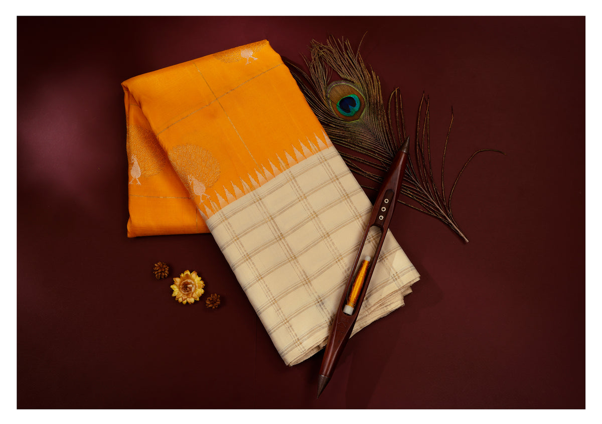 Ivory Cream & Mango Yellow Peacock Zari Kanchipuram Vintage Pure Silk Saree