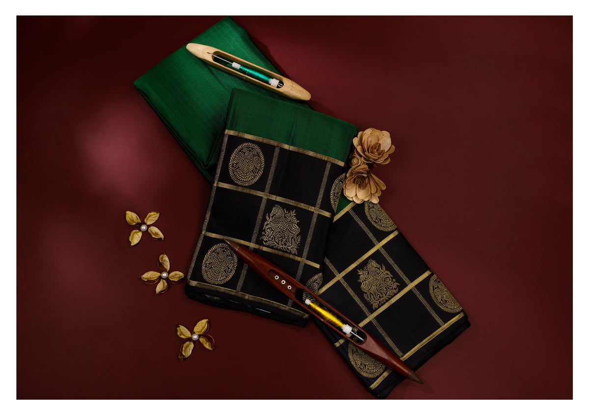 Emerald Green & Black Checked Zari Kanchipuram Vintage Pure Silk Saree