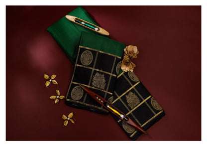 Emerald Green & Black Checked Zari Kanchipuram Vintage Pure Silk Saree