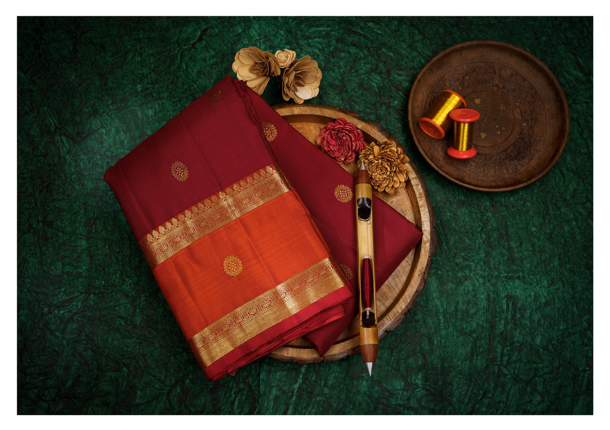 Deep Maroon and Rust Orange Kanchipuram Silk Saree