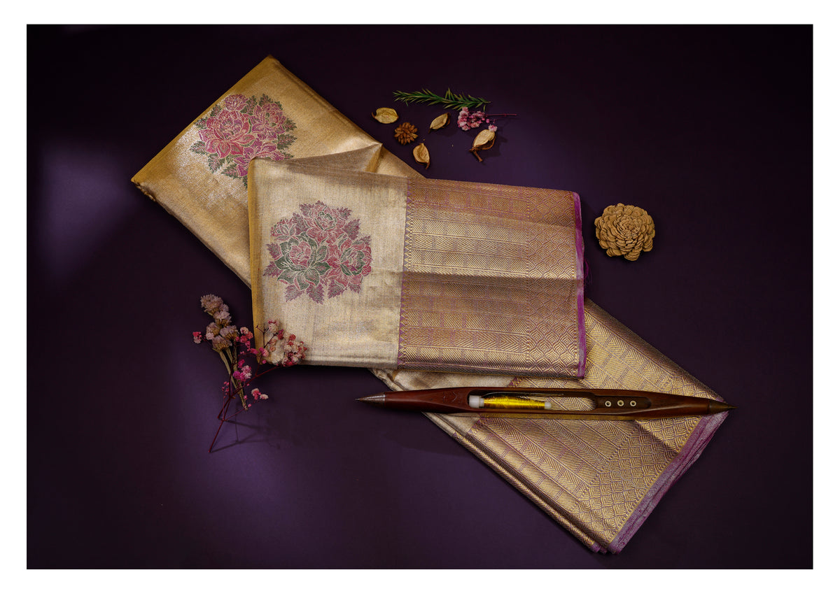Bridal Gold Tissue Floral Meenakari Kanchipuram Silk Saree