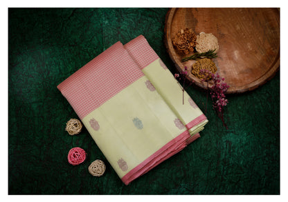Pastel Pink and Cream Kattam Kanchipuram Silk Saree