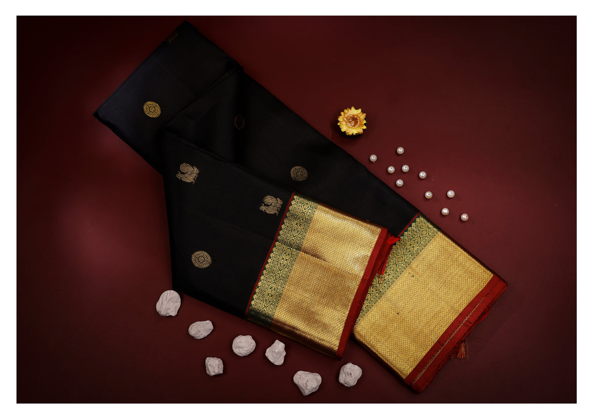 Regal Black and Deep Maroon Kanchipuram Silk Saree