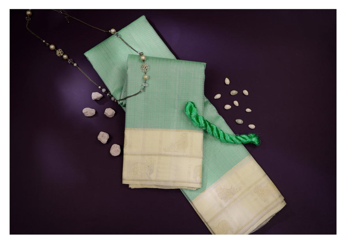 Pastel Mint Green and Ivory Kanchipuram Vintage Silk Saree