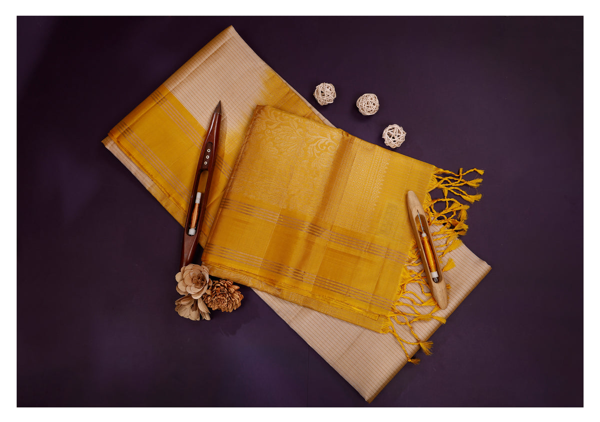 Suvarna Rekha Cream & Mustard Soft Silk Saree