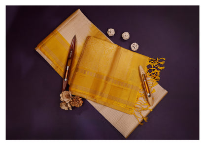 Suvarna Rekha Cream & Mustard Soft Silk Saree