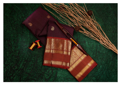 Wine Purple and Rich Red Kattam Kanchipuram Silk Saree