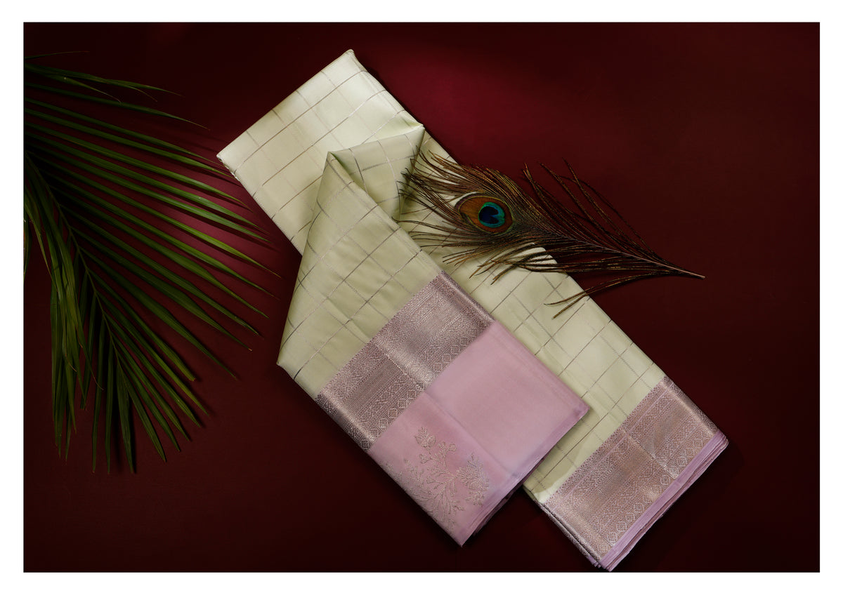 Pastel Green and Dusty Rose Checkered Kanchipuram Silk Saree