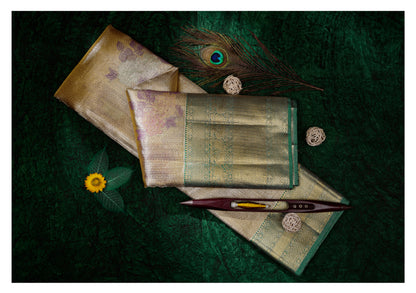 Champagne Gold & Sage Green Floral Kanchipuram Wedding Pure Silk Saree