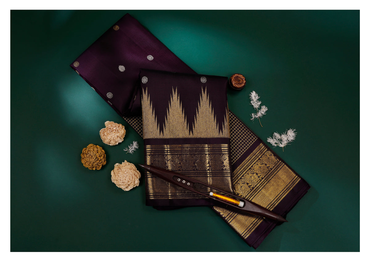 Midnight Purple Ikat Pattern Kanchipuram Vintage Saree