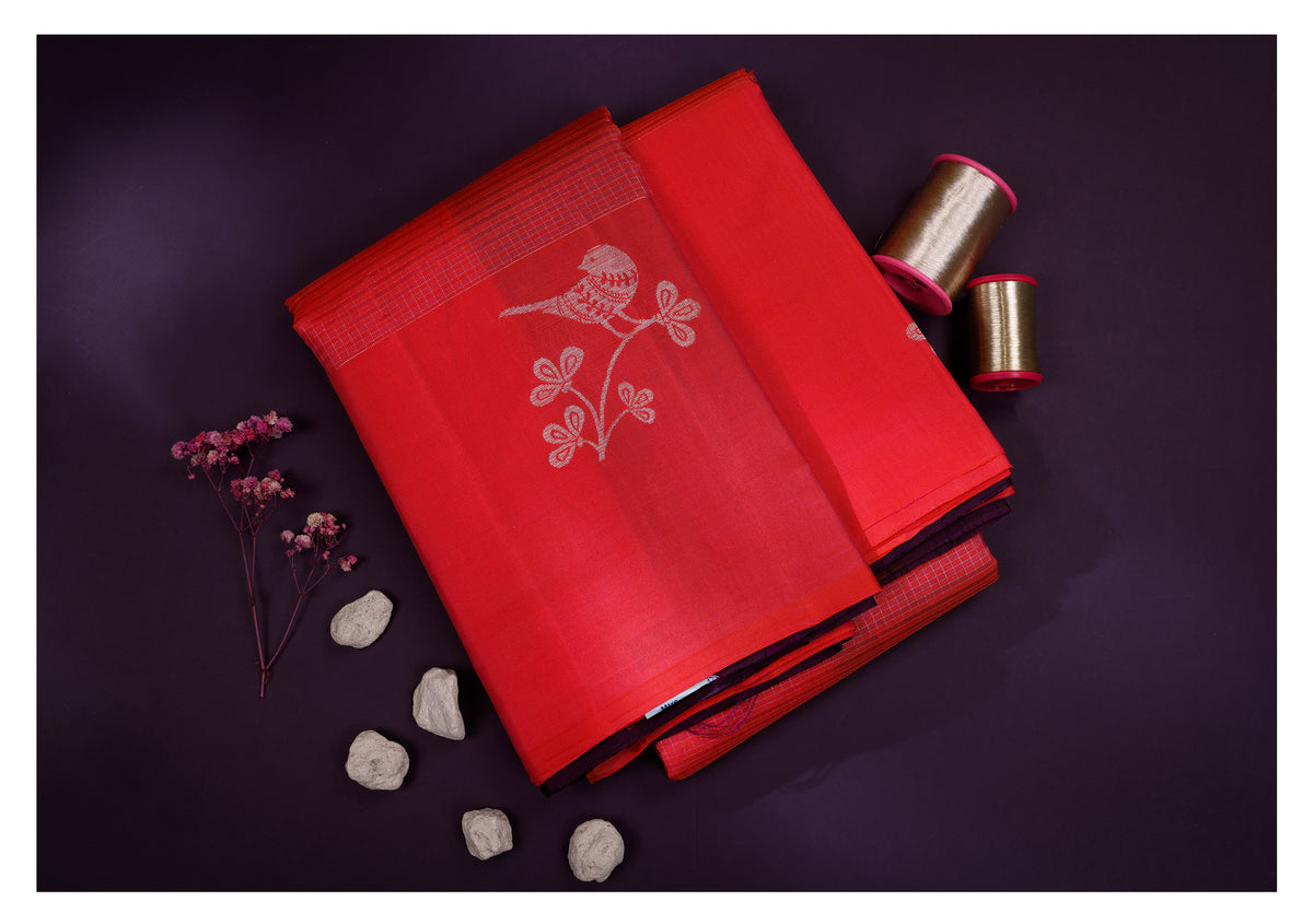 Coral Red & Deep Purple Bird Motif Pure Soft Silk Saree