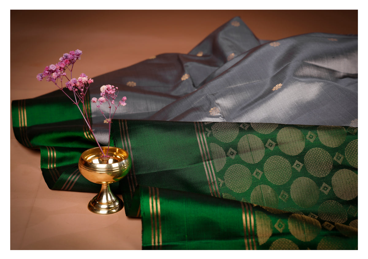 Rajatika Silver Grey & Emerald Soft Silk Saree