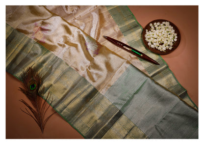 Champagne Gold & Sage Green Floral Kanchipuram Wedding Pure Silk Saree