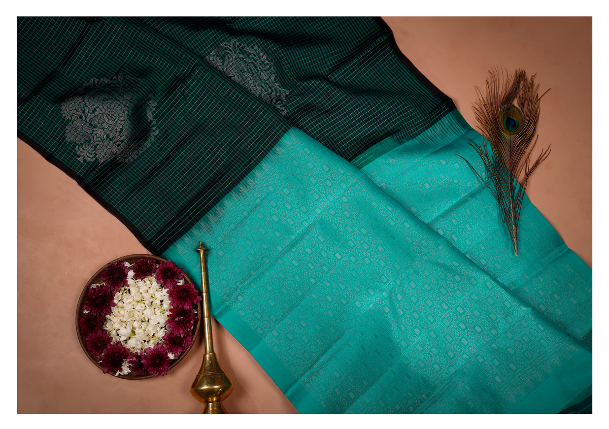 Shyamali Teal Checked Soft Silk Saree
