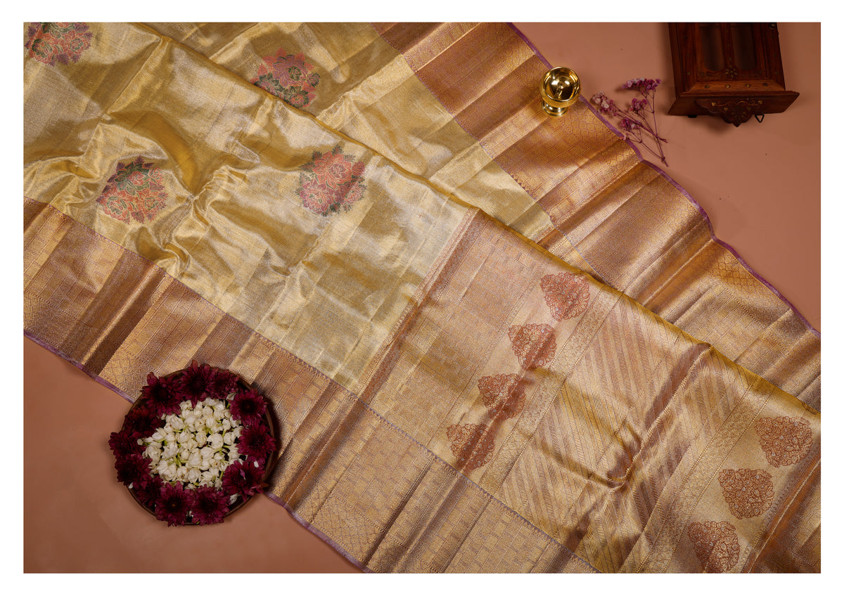 Bridal Gold Tissue Floral Meenakari Kanchipuram Silk Saree