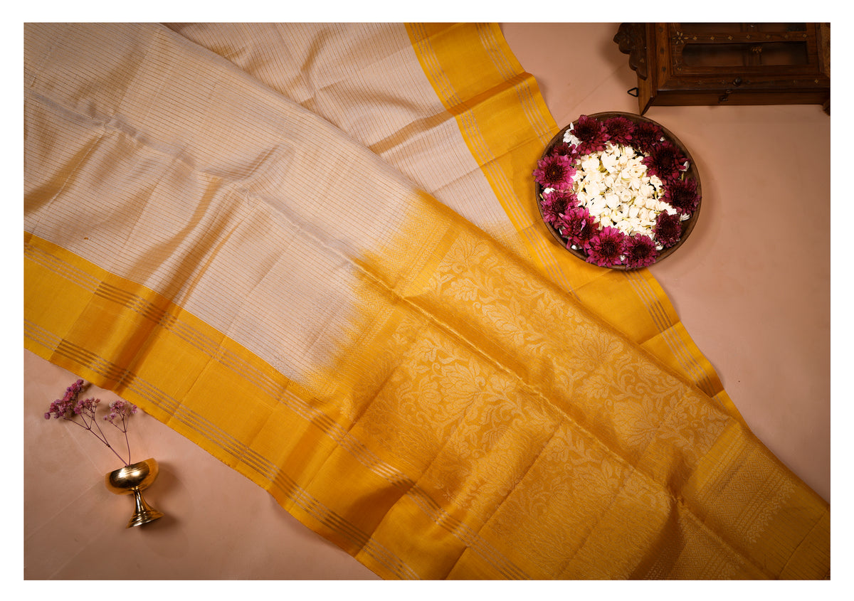 Suvarna Rekha Cream & Mustard Soft Silk Saree