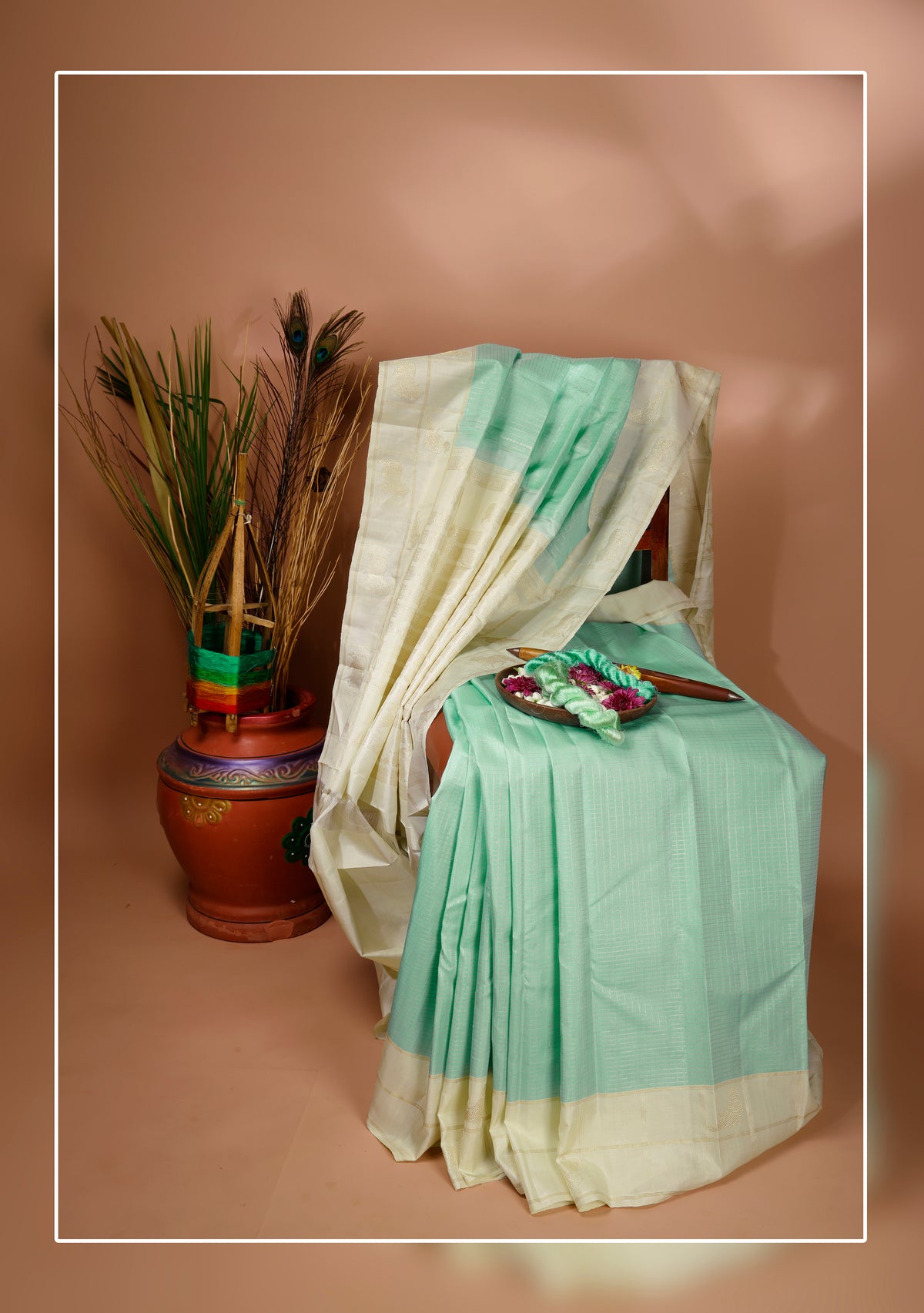 Pastel Mint Green and Ivory Kanchipuram Vintage Silk Saree