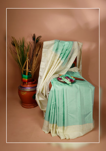 Pastel Mint Green and Ivory Kanchipuram Vintage Silk Saree