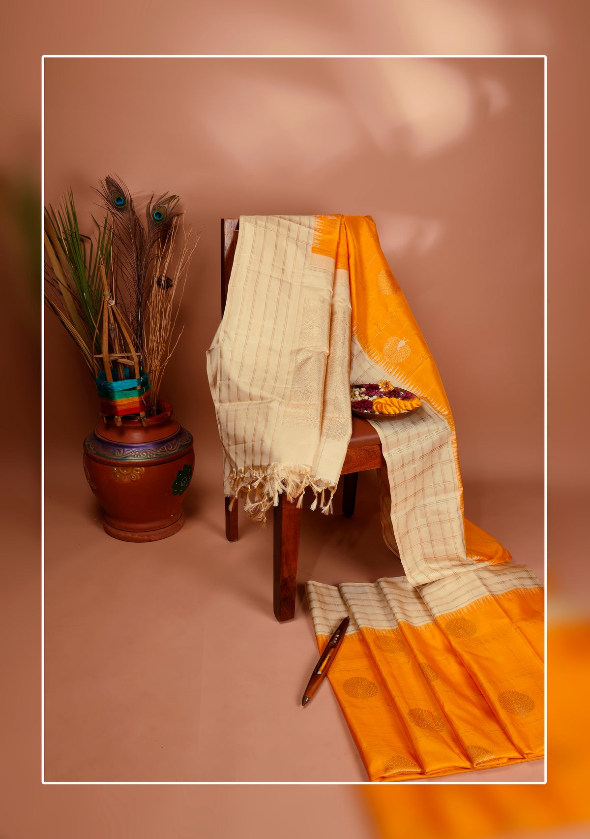 Ivory Cream & Mango Yellow Peacock Zari Kanchipuram Vintage Pure Silk Saree