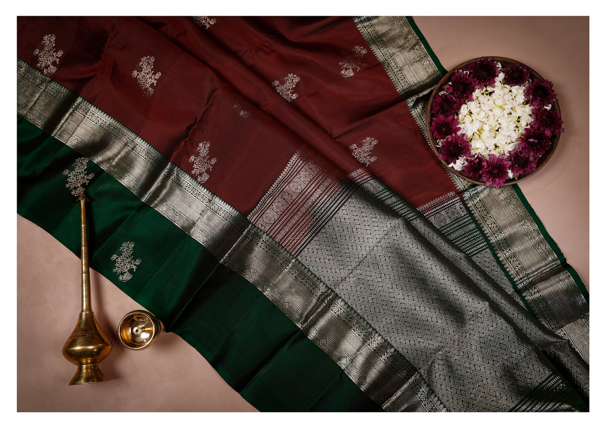 Ruhani Maroon & Emerald Green Soft Silk Saree