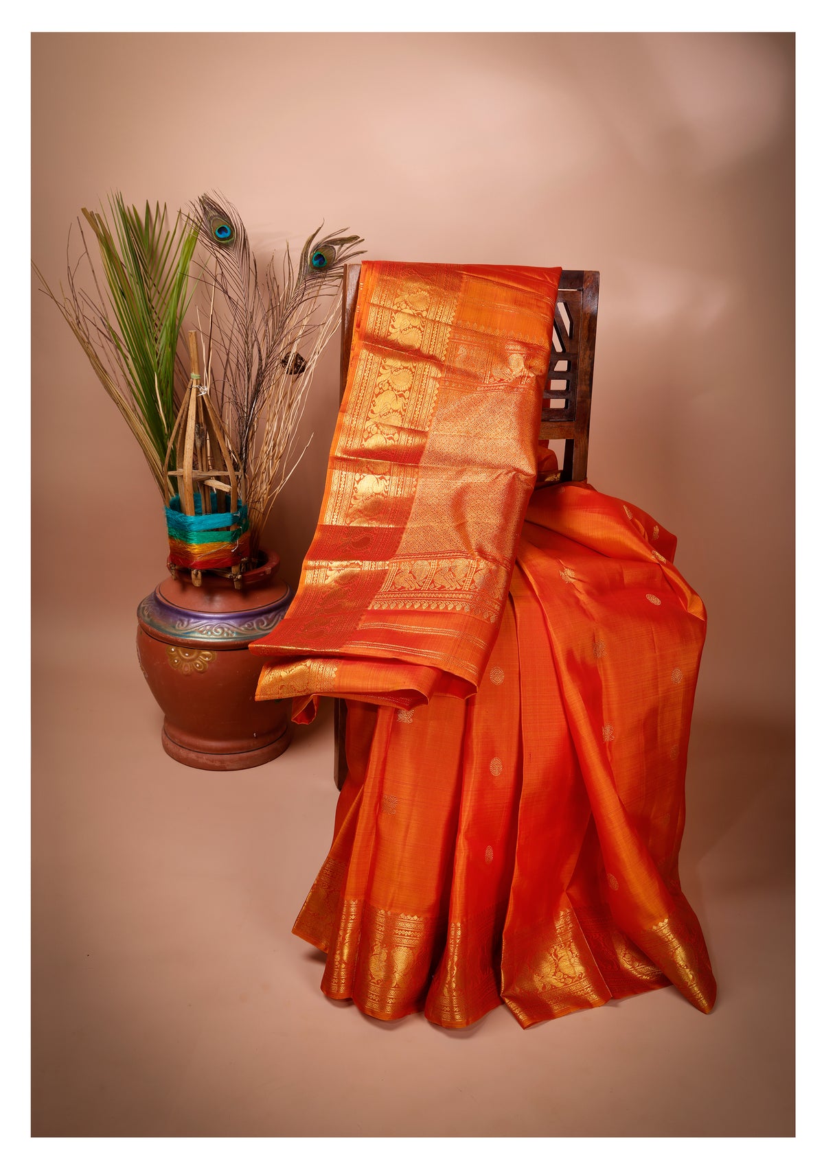 Vibrant Orange Annapakshi Kanchipuram Silk Saree
