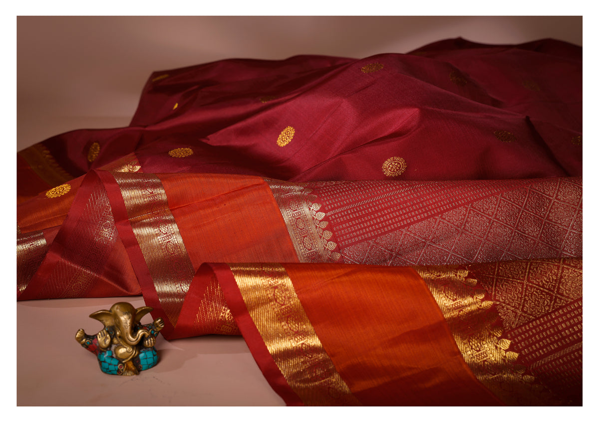 Deep Maroon and Rust Orange Kanchipuram Silk Saree